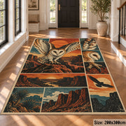 Flying Owl Desert Collage Area Rug in Teal and Terracotta — hallway setting