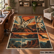 Flying Owl Desert Collage Area Rug in Teal and Terracotta — home office setting