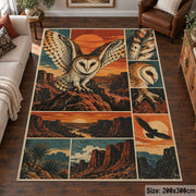 Flying Owl Desert Collage Area Rug in Teal and Terracotta — living room setting