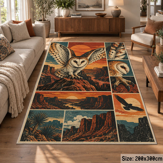 Flying Owl Desert Collage Area Rug in Teal and Terracotta — sofa seating area setting