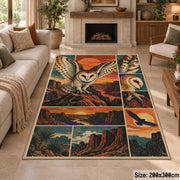 Flying Owl Desert Collage Area Rug in Teal and Terracotta — fireplace area setting