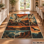 Flying Owl Desert Collage Area Rug in Teal and Terracotta — dining room setting