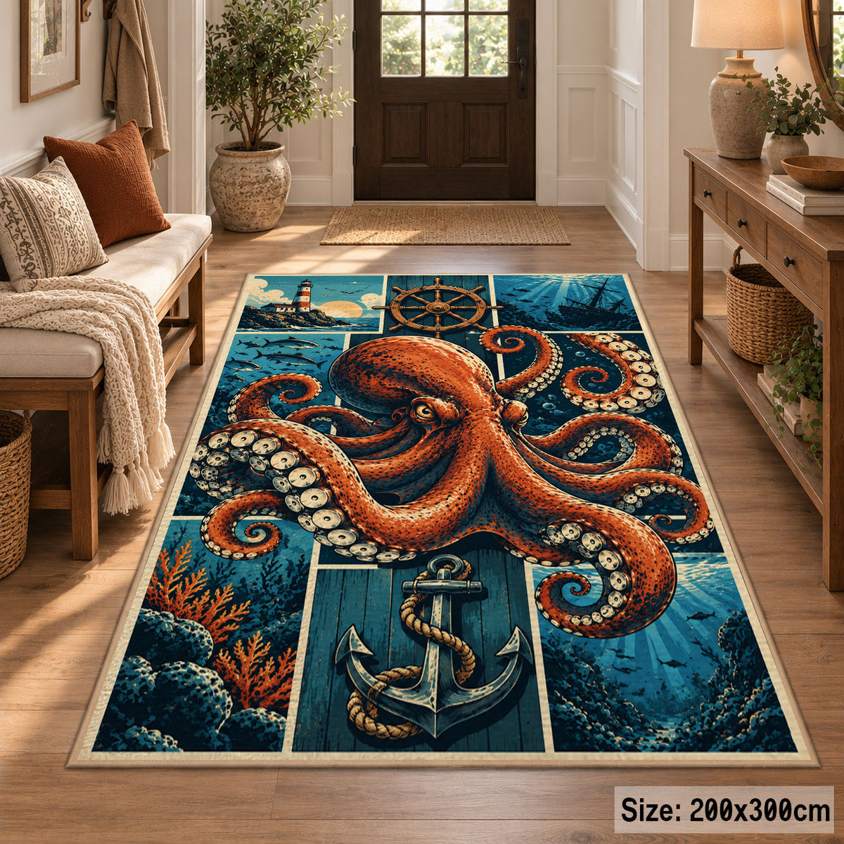 Octopus Nautical Panel Area Rug with Anchor — entryway setting