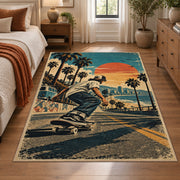 Palm Tree Skateboarding Area Rug with Sunset — bedroom setting
