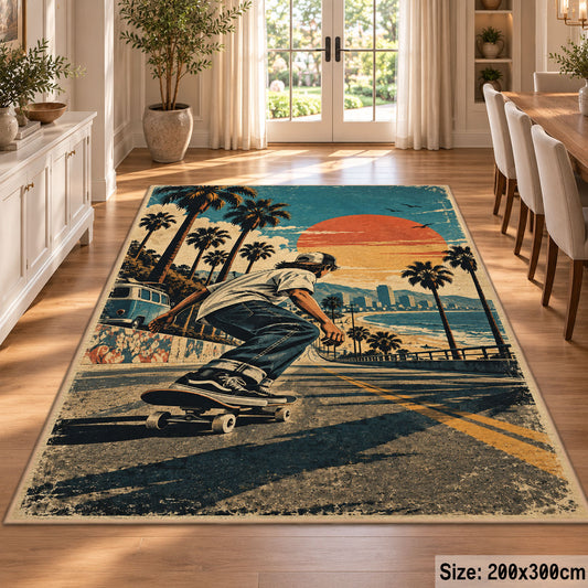 Palm Tree Skateboarding Area Rug with Sunset — dining room setting