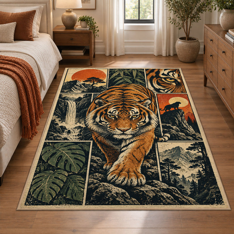 Tiger Forest Collage Area Rug with Ferns and Sunset Mountains — bedroom setting