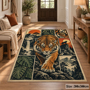 Tiger Forest Collage Area Rug with Ferns and Sunset Mountains — entryway setting
