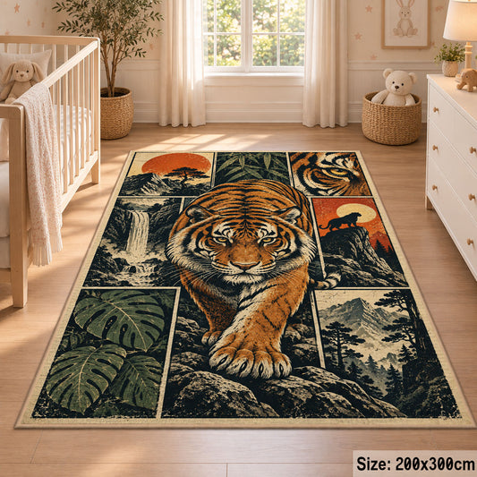 Tiger Forest Collage Area Rug with Ferns and Sunset Mountains — nursery setting