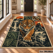 Tiger Forest Collage Area Rug with Ferns and Sunset Mountains — hallway setting