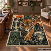 Tiger Forest Collage Area Rug with Ferns and Sunset Mountains — home office setting