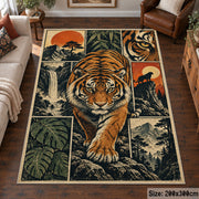 Tiger Forest Collage Area Rug with Ferns and Sunset Mountains — living room setting