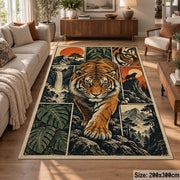 Tiger Forest Collage Area Rug with Ferns and Sunset Mountains — sofa seating area setting