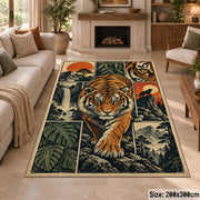 Tiger Forest Collage Area Rug with Ferns and Sunset Mountains — fireplace area setting