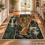 Tiger Forest Collage Area Rug with Ferns and Sunset Mountains — dining room setting