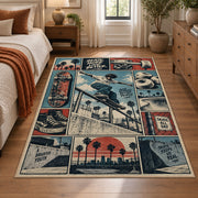 Skateboarding Comic Collage Area Rug in Teal and Coral — bedroom setting