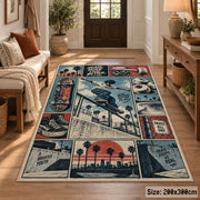 Skateboarding Comic Collage Area Rug in Teal and Coral — entryway setting