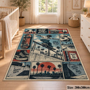 Skateboarding Comic Collage Area Rug in Teal and Coral — nursery setting