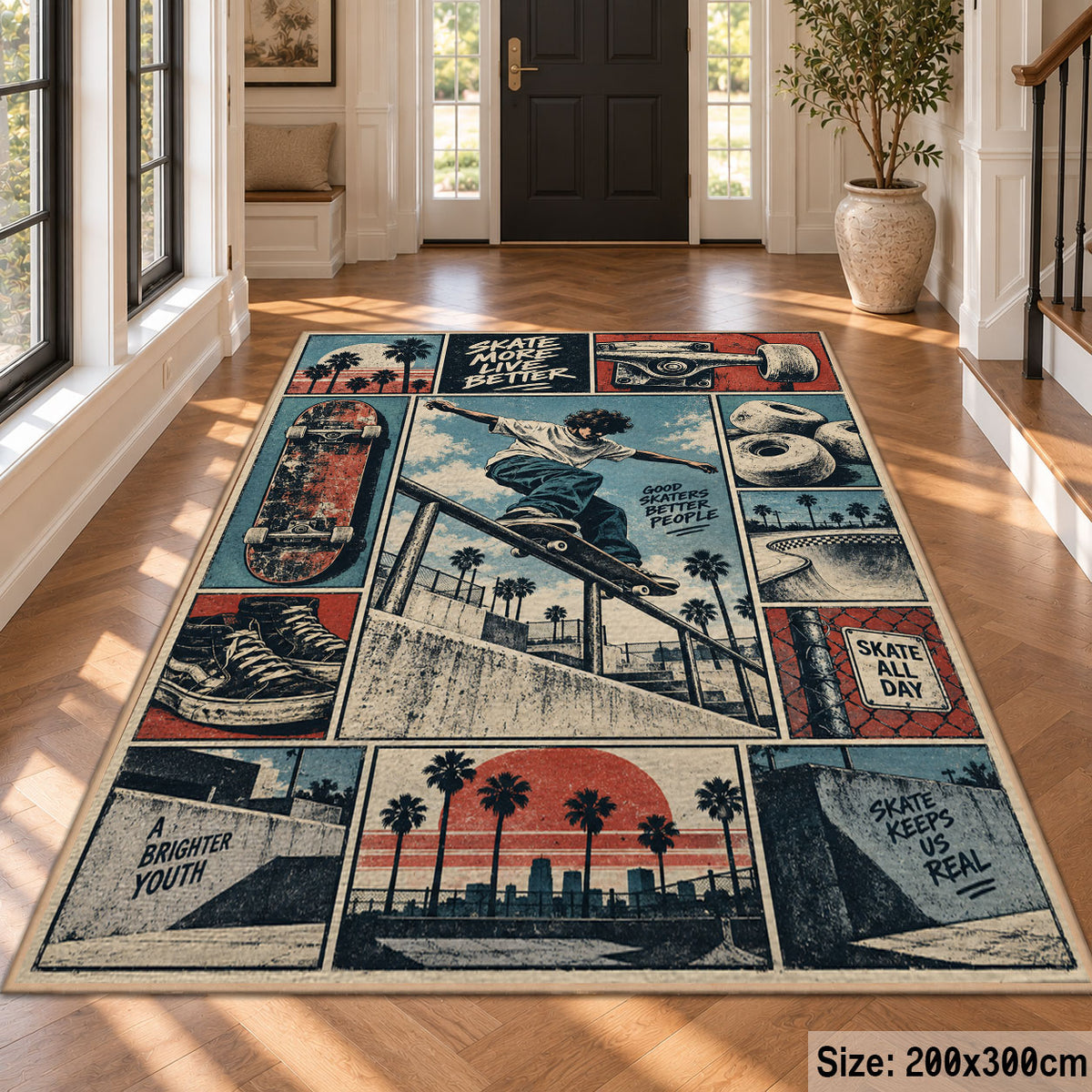 Skateboarding Comic Collage Area Rug in Teal and Coral — hallway setting