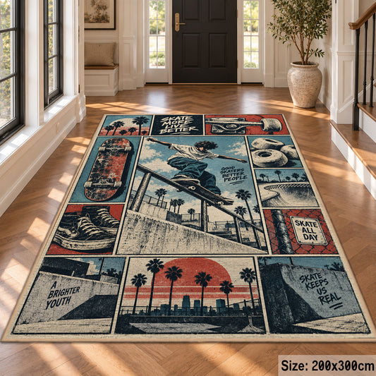 Skateboarding Comic Collage Area Rug in Teal and Coral — hallway setting