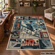 Skateboarding Comic Collage Area Rug in Teal and Coral — home office setting