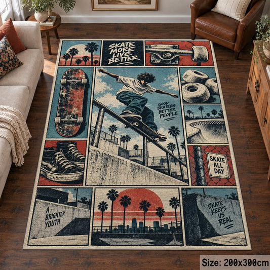 Skateboarding Comic Collage Area Rug in Teal and Coral — living room setting