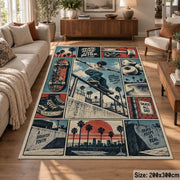 Skateboarding Comic Collage Area Rug in Teal and Coral — sofa seating area