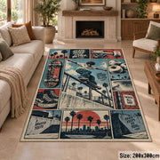 Skateboarding Comic Collage Area Rug in Teal and Coral — fireplace setting