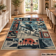 Skateboarding Comic Collage Area Rug in Teal and Coral — dining room setting