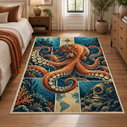 Octopus Ocean Collage Area Rug with Ship and Diving Helmet — bedroom setting