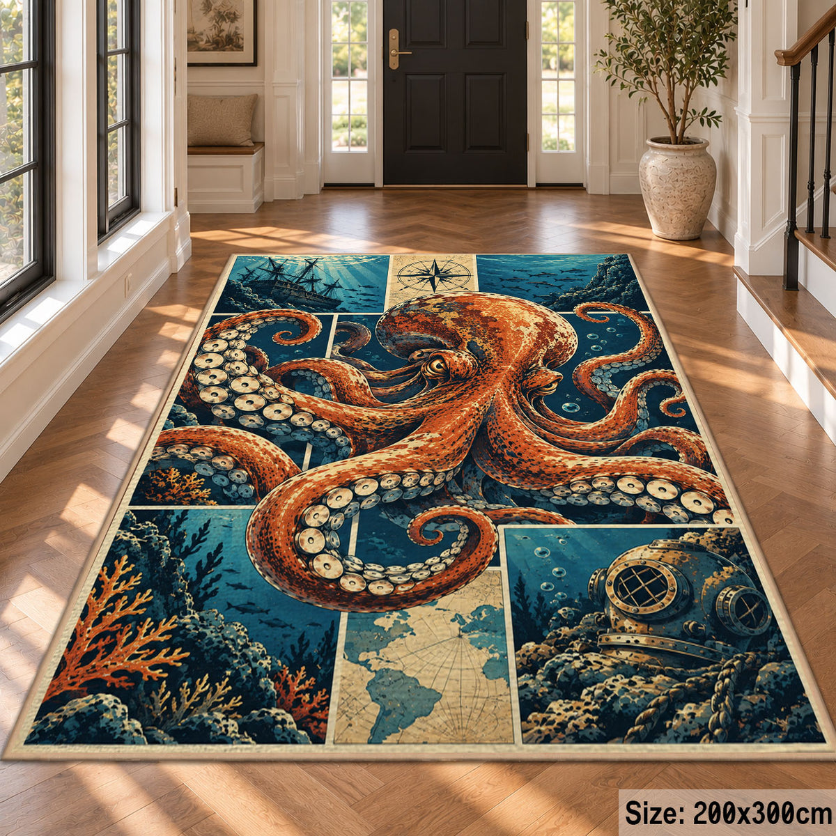 Octopus Ocean Collage Area Rug with Ship and Diving Helmet — hallway setting