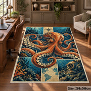 Octopus Ocean Collage Area Rug with Ship and Diving Helmet — home office setting