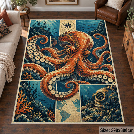 Octopus Ocean Collage Area Rug with Ship and Diving Helmet — living room setting
