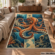 Octopus Ocean Collage Area Rug with Ship and Diving Helmet — sofa seating area