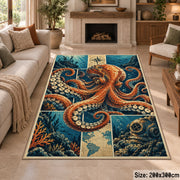 Octopus Ocean Collage Area Rug with Ship and Diving Helmet — fireplace setting