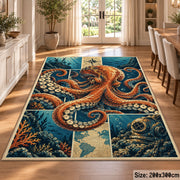 Octopus Ocean Collage Area Rug with Ship and Diving Helmet — dining room setting