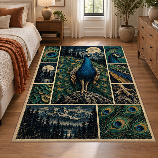 Blue Peacock Moon Collage Area Rug with Forest and Feather Panels — bedroom setting
