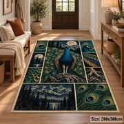 Blue Peacock Moon Collage Area Rug with Forest and Feather Panels — entryway setting
