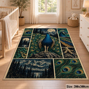 Blue Peacock Moon Collage Area Rug with Forest and Feather Panels — nursery setting