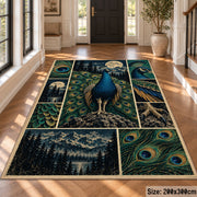 Blue Peacock Moon Collage Area Rug with Forest and Feather Panels — hallway setting