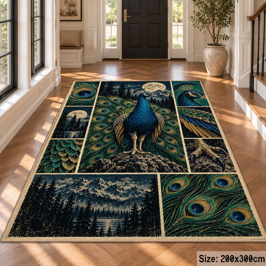 Blue Peacock Moon Collage Area Rug with Forest and Feather Panels — hallway setting