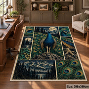 Blue Peacock Moon Collage Area Rug with Forest and Feather Panels — home office setting