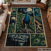 Blue Peacock Moon Collage Area Rug with Forest and Feather Panels — living room setting