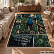 Blue Peacock Moon Collage Area Rug with Forest and Feather Panels — sofa seating area setting
