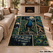 Blue Peacock Moon Collage Area Rug with Forest and Feather Panels — fireplace area setting