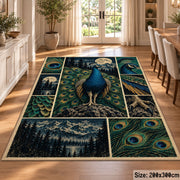 Blue Peacock Moon Collage Area Rug with Forest and Feather Panels — dining room setting