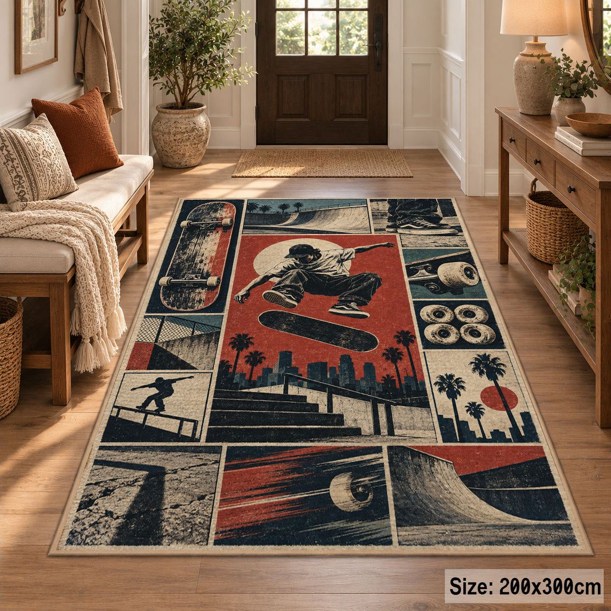 Red Skateboarding Collage Area Rug with Urban Skater — entryway setting