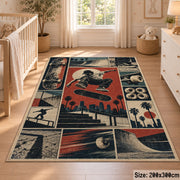 Red Skateboarding Collage Area Rug with Urban Skater — nursery setting