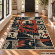 Red Skateboarding Collage Area Rug with Urban Skater — hallway setting