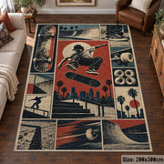 Red Skateboarding Collage Area Rug with Urban Skater — living room setting