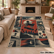 Red Skateboarding Collage Area Rug with Urban Skater — fireplace setting